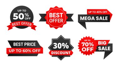 Satış rozetleri, indirim etiketleri, promosyon etiketleri, en iyi teklif, mega satış, büyük indirim, fiyat etiketleri koleksiyonu, pazarlama ve alışveriş için pankart tasarımları