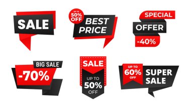 İndirim rozetleri, indirim etiketleri. Kırmızı ve siyah etiket çıkartmaları. Şablon afiş alışveriş rozetleri. Özel teklif, süper satış, en iyi fiyat. Vektör illüstrasyonu