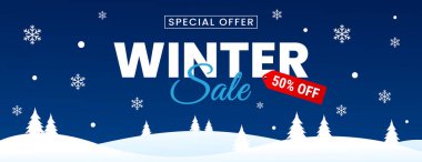 Kar manzaralı ve kar taneli kış pankartı şablonu, satış reklamları için modern mevsimsel tanıtım tasarımı, dijital pazarlama, e-ticaret, sosyal medya, web ve başlıklar
