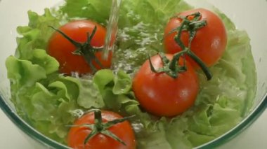 Taze yeşil salata domates su bir kase ile