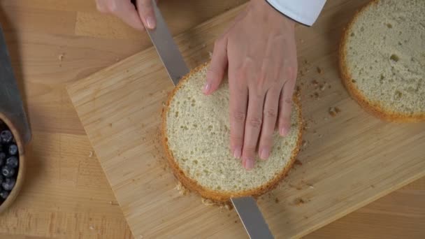 Woman hands cutting biscuit into layers. top view — Stock Video
