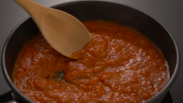 Molho de tomate quente borbulhante para massas, cozinhando em panela com espátula de madeira . — Vídeo de Stock