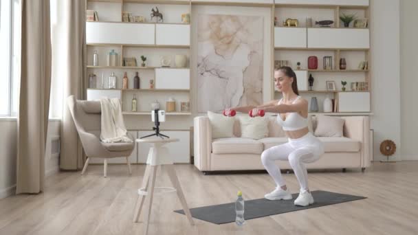 Fit sportliche junge Frau beim Plankentraining zu Hause. Aktive gesunde Mädchen genießen Sport Pilates Yoga Fitnesstraining auf Laptop-Computer Stretching auf Yogamatte Videounterricht. — Stockvideo