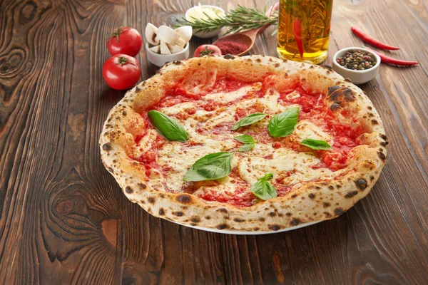 Eritilmiş mozzarella peynirli orijinal İtalyan Napoli pizzası, taze fesleğen yaprağı ve ahşap masa üzerine domates sosu. Fast food İtalyan menüsü ve vejetaryen yemek konsepti