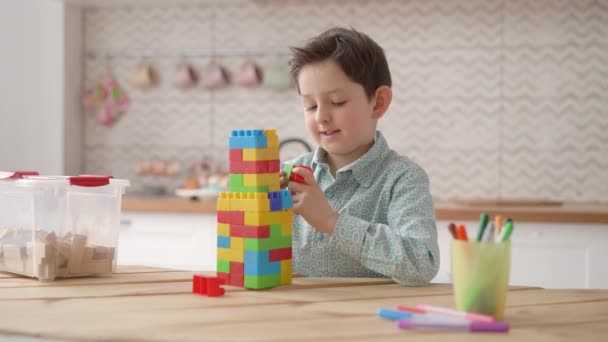 Menino caucasiano pequeno bonito feliz que joga a torre de construção do jogo dos blocos coloridos do construtor do plastick, miúdo homeschool que se diverte em casa, desenvolvimento da criança, conceito do playtime — Vídeo de Stock