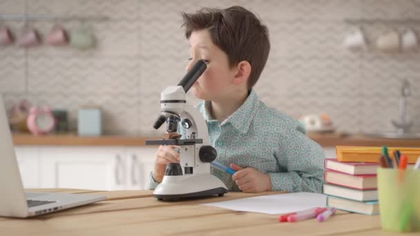 Roztomilý chlapec studující on-line z domova dělá laboratorní domácí úkoly pomocí mikroskopu. Školák distanční učení v internetových poznámek, dělat, pomocí aplikace sledování video tutorial v notebooku — Stock video