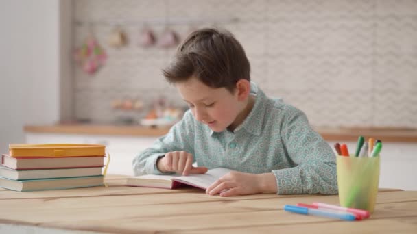 Konzentrierter Schüler, der zu Hause mit Büchern lernt, netter intelligenter kleiner Schüler, der Hausaufgaben macht, Fernunterricht in der Schule und Fernlehrkonzept — Stockvideo