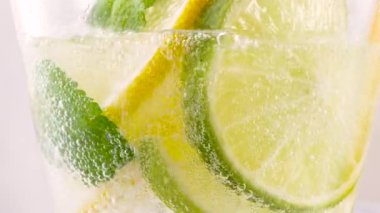 Soğuk ferahlatıcı limonlu soda ya da buzlu mojito kokteyli ve taze nane yaprağı. Limon dilimleri köpüklü köpüklü köpüklü, meyve suyu ferahlatıcı narenciye karbonatlı meşrubat ya da içecek.