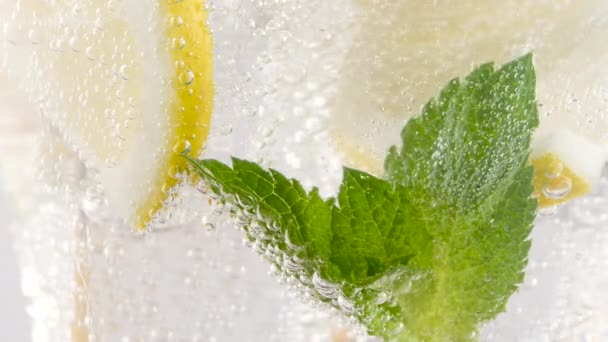 Limonada refrescante fria ou coquetel alcoólico mojito com cubos de gelo e folhas de hortelã fresca. Fatia de limão em refrigerante gasoso com bolhas, refresco de suco refrigerante cítrico carbonatado ou bebida — Vídeo de Stock