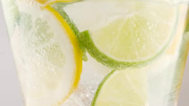 Tônico citron refrescante frio, limonada ou coquetel com cubos de gelo e folhas de hortelã fresca. Fatia de limão e limão em refrigerante espumante com bolhas, refresco de suco refrigerante ou bebida cítrica carbonatada — Vídeo de Stock