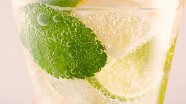 Soğuk serinletici limonata, limonata ya da buz küpleri ve taze nane yapraklı kokteyl. Köpüklü limonlu soda, limonlu limonlu limonlu limonata, limonlu limonlu meşrubat veya içecek.