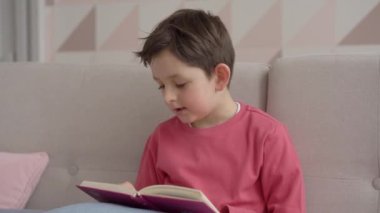 Evde kitap okuyan liseli çocuk kanepede oturuyor, ev ödevi yapan küçük tatlı okul çocuğu, ev okulundan öğrenme ve uzaktan eğitim konsepti.