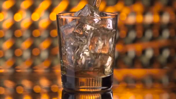 Versare il whisky nel bicchiere con cubetti di ghiaccio — Video Stock