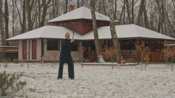 Young man practising tai chi in winter — Stock Video