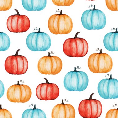 Mavi, kırmızı, turuncu balkabaklarından elde çizilmiş kusursuz desen. Sonbahar doğal hasatı. Tasarım kartı, davetiye, duvar kağıdı, ambalaj kağıdı, kumaş için dekoratif suluboya çizimi