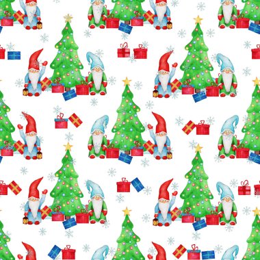 El yapımı suluboya desenli Noel ağacı, cüce, hediye, kar tanesi, yıldız, oyuncak, kar, çelenk. Tebrik kartı, davetiye, duvar kağıdı ve ambalaj kağıdı için yeni yıl ve Noel illüstrasyonu
