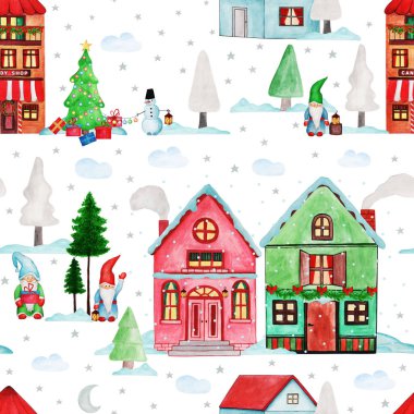Elle çizilmiş suluboya desenli farklı evler, cüce, kardan adam, ağaç, hediye, yıldız, ay, kar. Yeni yıl, Noel Kasabası tebrik kartı, davetiye, duvar kağıdı, ambalaj kağıdı