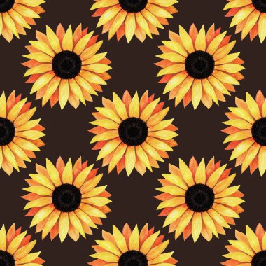 El çizimi, sarı çiçek açan ayçiçeklerinin kusursuz deseni. Parlak, güneşli çiçekler. Tasarım kartı, davetiye, duvar kağıdı, ambalaj kağıdı, kumaş için dekoratif sonbahar suluboya çizimi