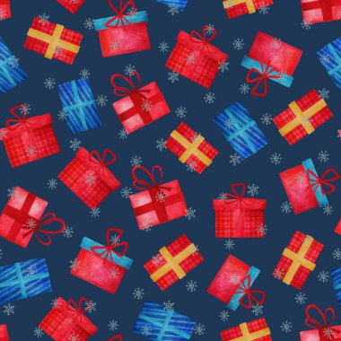 Elle çizilmiş, dikişsiz, farklı renk ve tipte suluboya, kar taneleri. Mutlu Yıllar için renkli illüstrasyon, Noel tebrik kartı, davetiye, duvar kağıdı, ambalaj kağıdı, kumaş