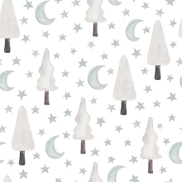Ręcznie Rysowane Akwarela Bezszwowy Wzór Uroczej Choinki Gwiazdy Księżyca Szczęśliwego — Zdjęcie stockowe