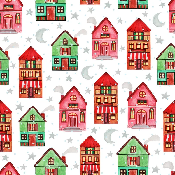 Ręcznie Rysowane Akwarela Bezszwowy Wzór Różnych Rozmiarach Kolor Domy Typu — Zdjęcie stockowe