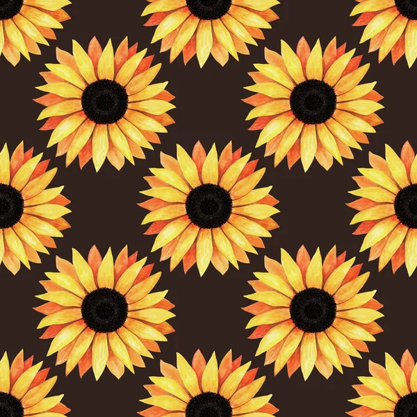 El çizimi, sarı çiçek açan ayçiçeklerinin kusursuz deseni. Parlak, güneşli çiçekler. Tasarım kartı, davetiye, duvar kağıdı, ambalaj kağıdı, kumaş için dekoratif sonbahar suluboya çizimi