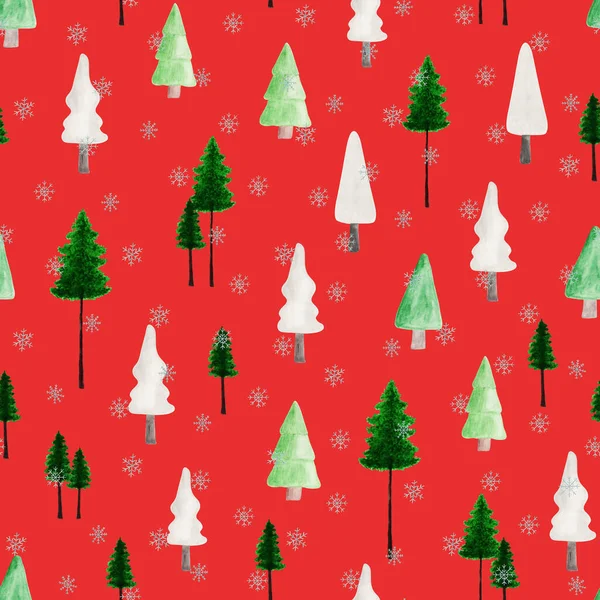 Handgezeichnete Aquarell Nahtlose Muster Von Niedlichen Grünen Und Weißen Weihnachtsbäumen — Stockfoto