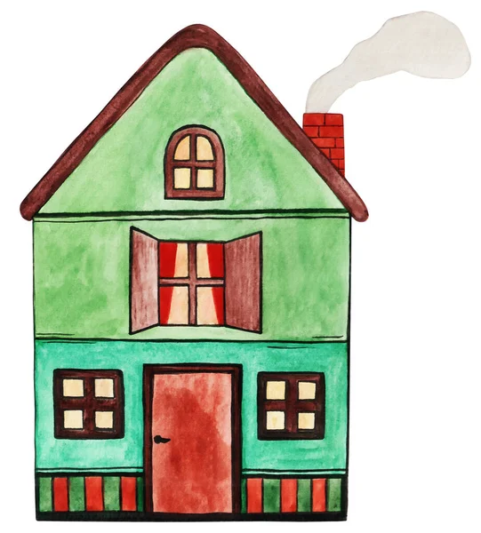 Handritat Akvarell Färgglada Gamla Stil Tre Våningar Hus Med Tegelskorsten — Stockfoto