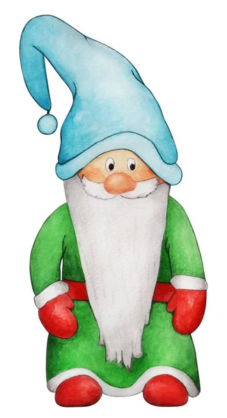 Ręcznie Rysowane Akwarela Cute Christmas Gnome Dużą Brodą Nosem Odizolowany — Zdjęcie stockowe