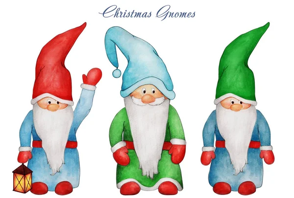 Handgezeichnete Aquarelle Von Drei Weihnachtszwergen Mit Großem Bart Und Großer — Stockfoto