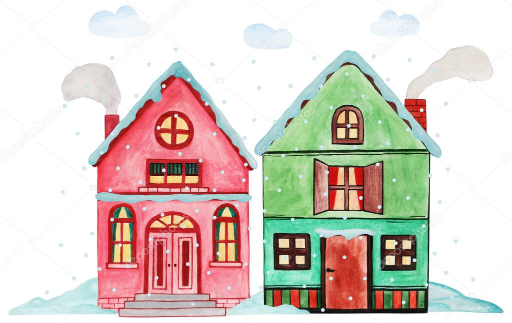 Hand drawn watercolor composition of different houses with a chimney on the roof, cloud, snow. Isolated on white background. New Year and Christmas town illustration for greeting card, invitation