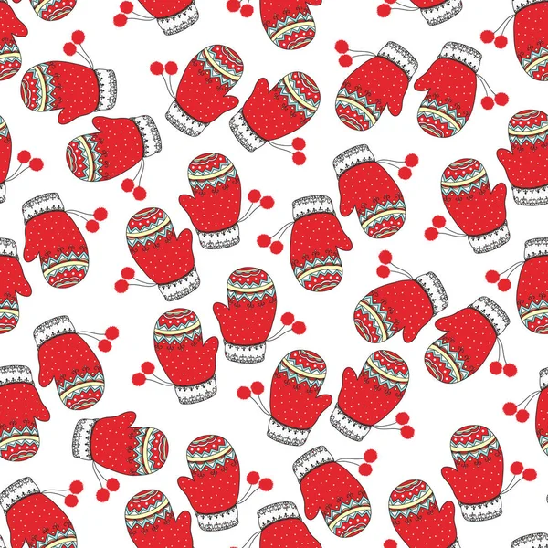 Hand Drawn Doodle Seamless Pattern Christmas Mittens Pom Poms Happy — Wektor stockowy