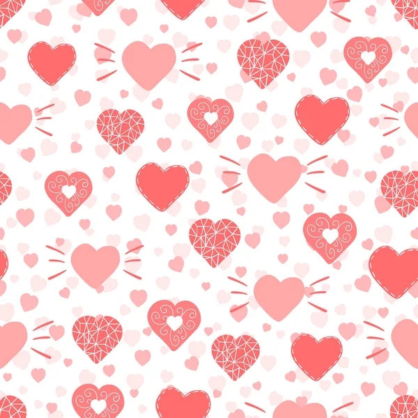 Dibujado Mano Patrón Sin Costuras Muchos Corazones Color Rosa Diferentes — Vector de stock