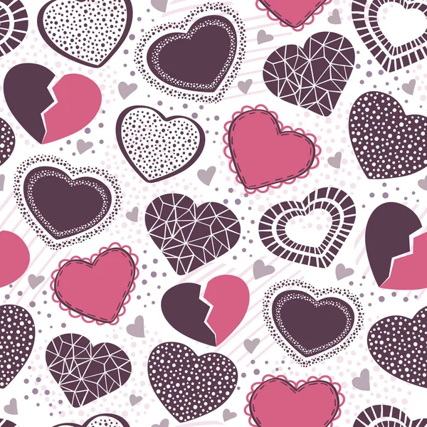情人节手绘精美的紫色和粉色心形图案 爱情的象征 邀请函 包装纸等多彩的浪漫涂鸦草图 — 图库矢量图片