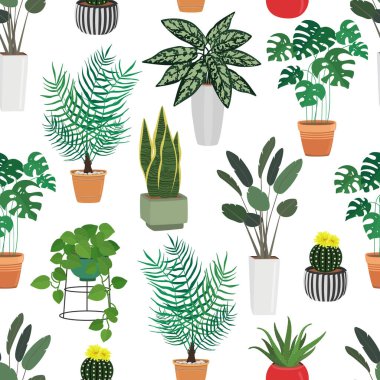Saksılarda farklı yeşil bitkilerin elle çizilmiş desenleri. Ev yeşili dekoru, rahat bitki örtüsü, botanik yaprakları. Tasarım kartı, davetiye, duvar kağıdı, ambalaj kağıdı için bahar çiçek seti illüstrasyonu