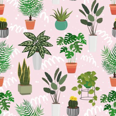 Saksılarda farklı yeşil bitkilerin elle çizilmiş desenleri. Ev yeşili dekoru, rahat bitki örtüsü, botanik yaprakları. Tasarım kartı, davetiye, duvar kağıdı, ambalaj kağıdı için bahar çiçek seti illüstrasyonu