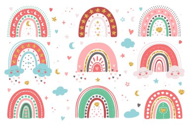 Kalpli, bulutlu, yıldızlı, aylı el çizimleri. Beyaz arka planda sevimli pastel koleksiyonu izole edilmiş. Doğum günü, Sevgililer Günü, bebek odası için sevimli vektör karalama çizimi