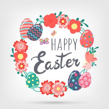 Dekoratif el çizimi şirin çelenkler, çiçekli Paskalya yumurtaları, yapraklar, mesajlar. Paskalyanız kutlu olsun. Bahar çiçeklerinin renkli koleksiyonu. Tebrik kartı ve davet için soyut vektör illüstrasyonu