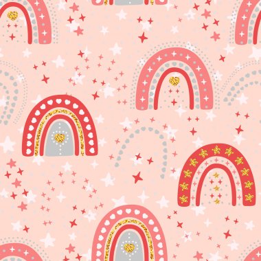 Sevimli altın ve pembe gökkuşaklarından oluşan, yıldızlı, kalpli, pürüzsüz bir el çizimi. Tebrik kartı, davetiye, duvar kağıdı, ambalaj kağıdı, kumaş, bebek odası için renkli karalama çizimi