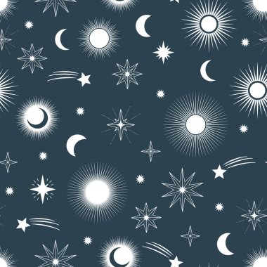 Farklı güneş, ay ve yıldızların el çizimi kusursuz deseni. Göksel uzay vektörü. Tebrik kartı, davetiye, duvar kağıdı, ambalaj kağıdı, kumaş için sihirli uzay galaksisi çizimi çizimi