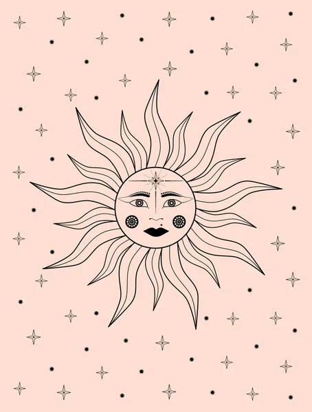 Vecteur Dessiné Main Soleil Mystique Avec Visage Femme Étoile Dans — Image vectorielle