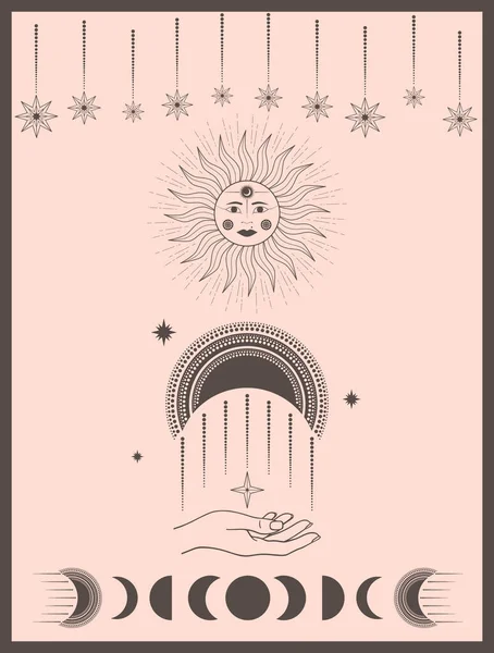 女性の顔 ラインアートの星と神秘的な太陽の手描きカード 精神的なシンボルの天体空間 魔法のお守り アンティークスタイル Boho タトゥー 占星術天文学のベクトル図 — ストックベクタ