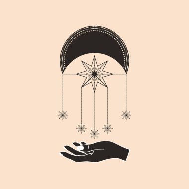 Mistik Ay 'ın el çizimi kartında kadın eli, sanatta yıldızlar. Ruhsal sembol gökyüzü. Sihirli tılsım, antika tarzı, boho, dövme. Astroloji, astronomi vektör çizimi