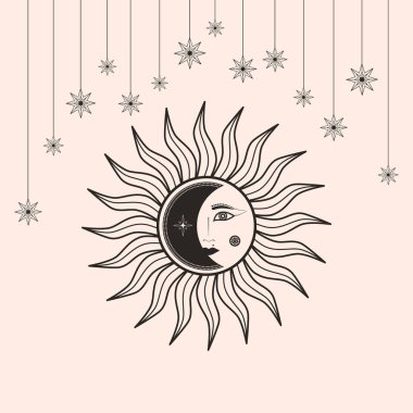 Mistik Güneş 'in el çizimi bir kadın yüzü, Ay, çizgi sanatının yıldızı. Ruhsal sembol gökyüzü. Sihirli tılsım, antika tarzı, antika, bohem, dövme. Astroloji, astronomi çizimi