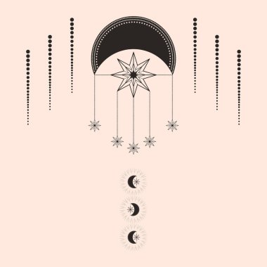 Mistik Ay 'ın el çizimi çizimi bir sanat eseri. Ruhsal sembol gökyüzü. Sihirli tılsım, antika tarzı, antika, bohem, dövme, logo. Astroloji, astronomi çizimi