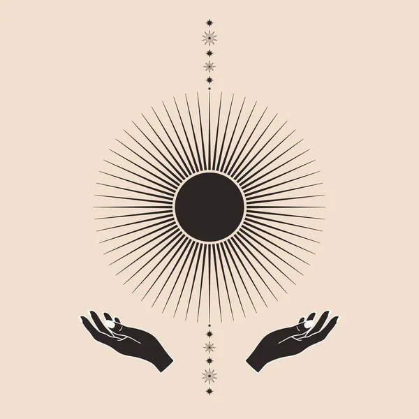 Carte Dessinée Main Soleil Mystique Avec Les Mains Femme Étoiles — Image vectorielle