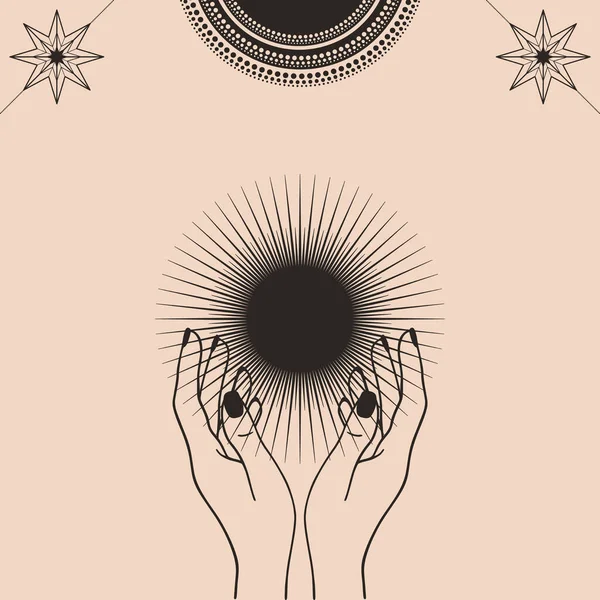 Carte Dessinée Main Soleil Mystique Avec Les Mains Femme Étoiles — Image vectorielle
