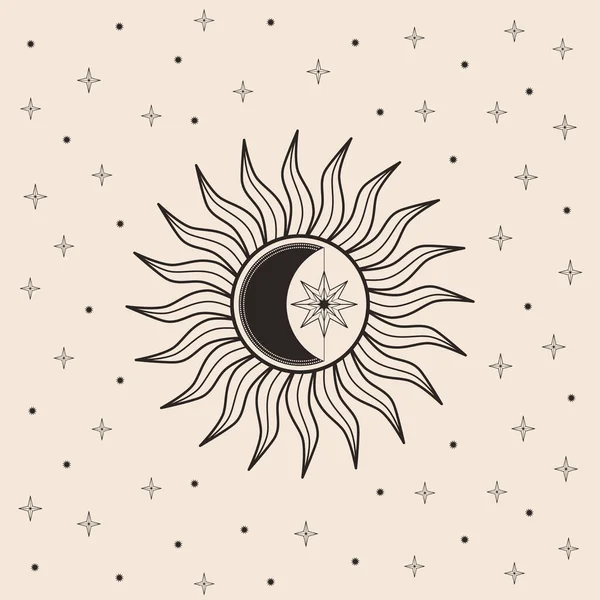 Vecteur Dessiné Main Soleil Mystique Avec Lune Étoiles Dans Art — Image vectorielle