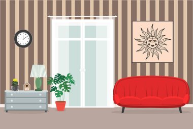Dekoratif renkli oturma odası kanepe, komodin, meşale, saat, balkon pencereleri, rahat bitki, duvar kağıdı, resim, kalbi olan ahşap dekor Sweet Home. İç vektör düz koleksiyonu çizimi