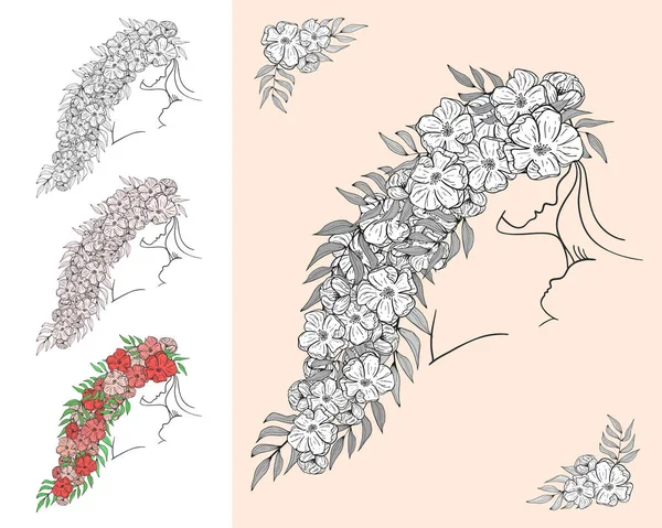 Dibujado Mano Conjunto Vector Silueta Cara Mujer Pelo Con Flores — Archivo Imágenes Vectoriales